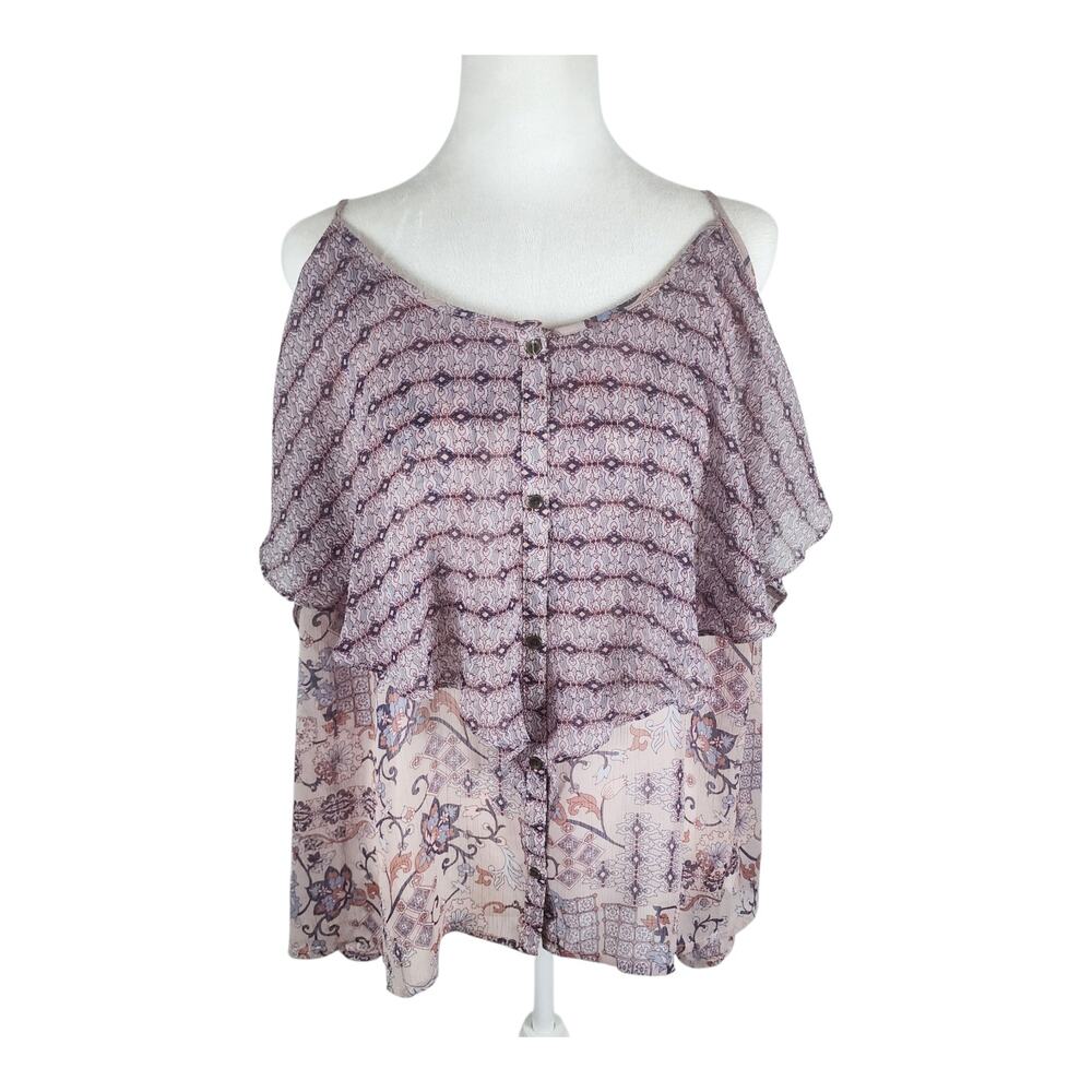 Maurices Floral, Ruffle, Sheer Button-Front Spaghetti Strap Blouse Women Size 3